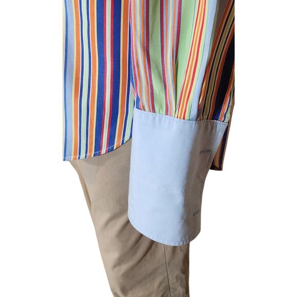 Tommy Hilfiger Men’s L French Cuff Button Down Stripe Shirt Y2K Blue Pink Yellow - Picture 3 of 5